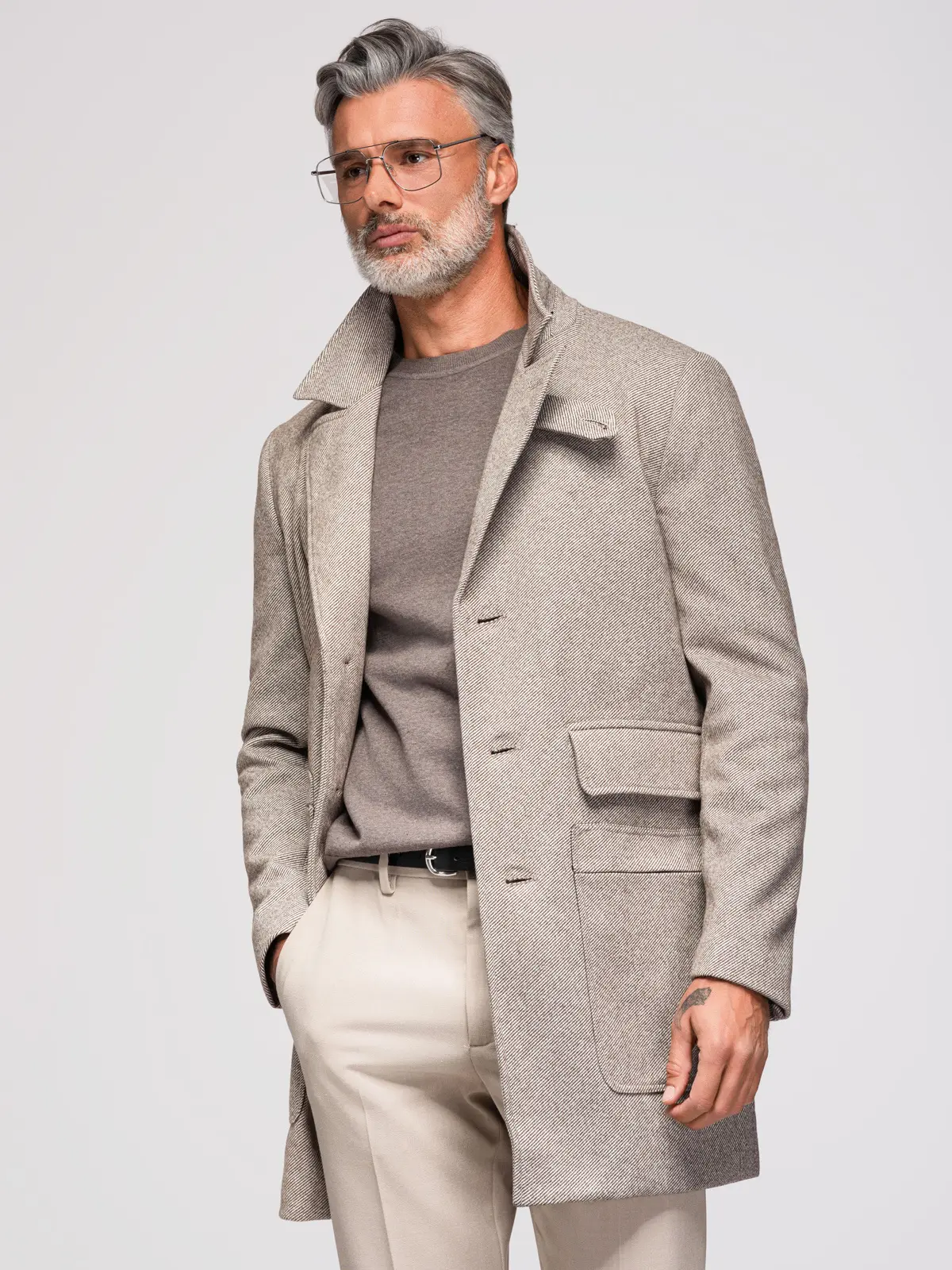 Ombre Single-breasted patterned men's coat with pockets - ash