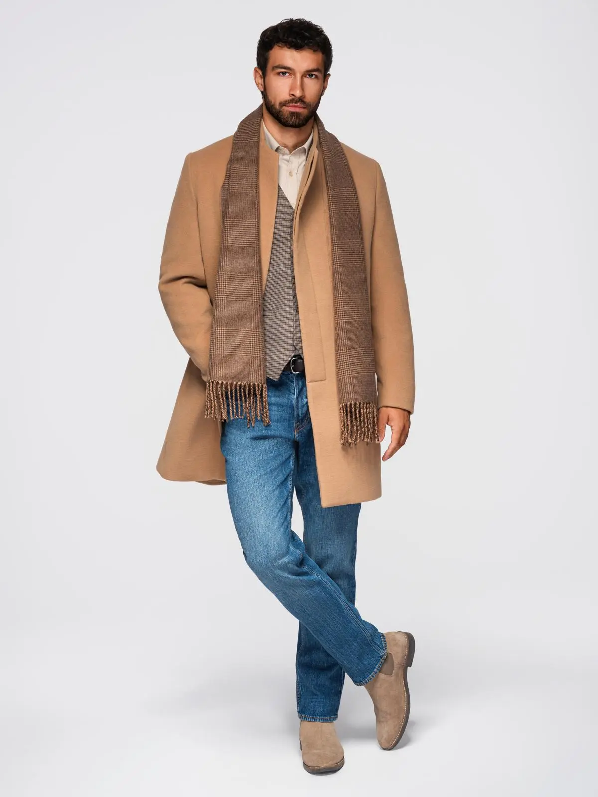 Ombre Men's coat with asymmetrical fastening and high collar - light brown