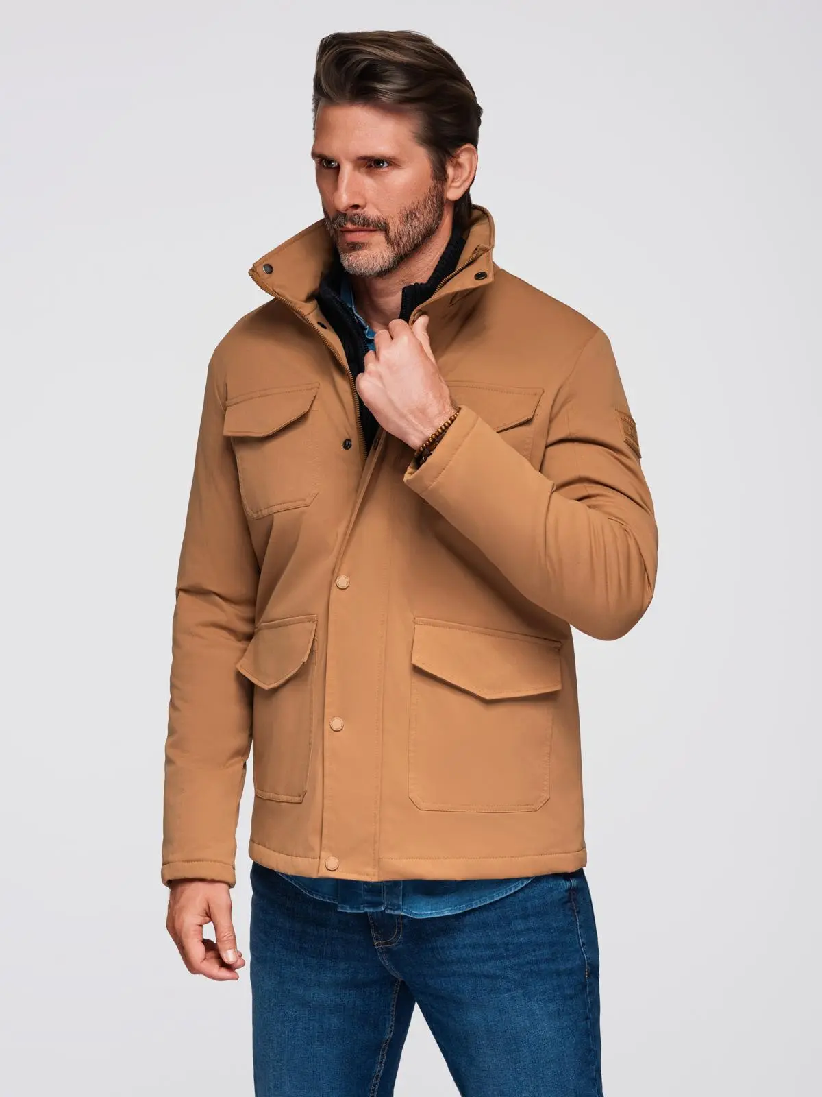 Ombre Men's lightweight jacket with pockets and high collar - brown