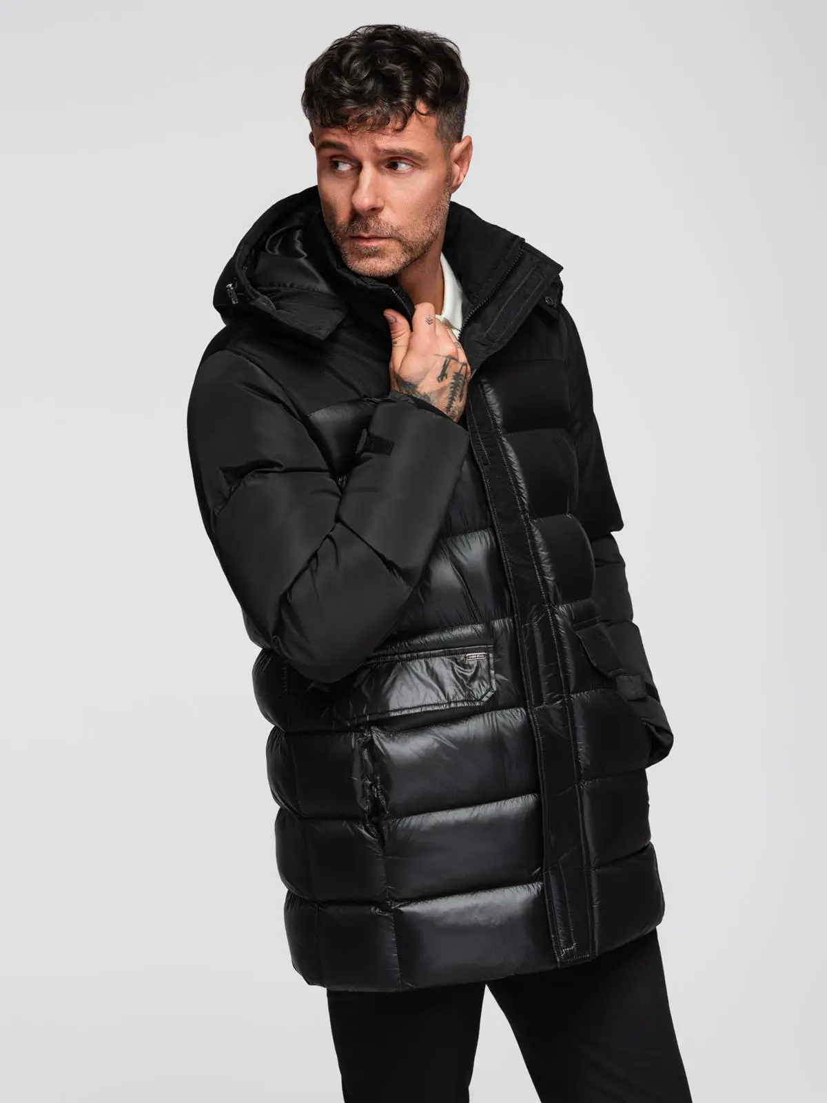 Ombre Men's quilted jacket with high collar and hood - black