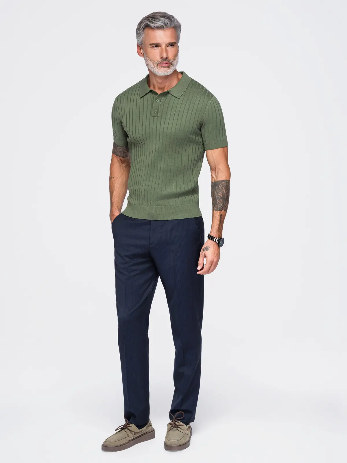 Ombre pánské slim fit polo triko s proužky – olivové