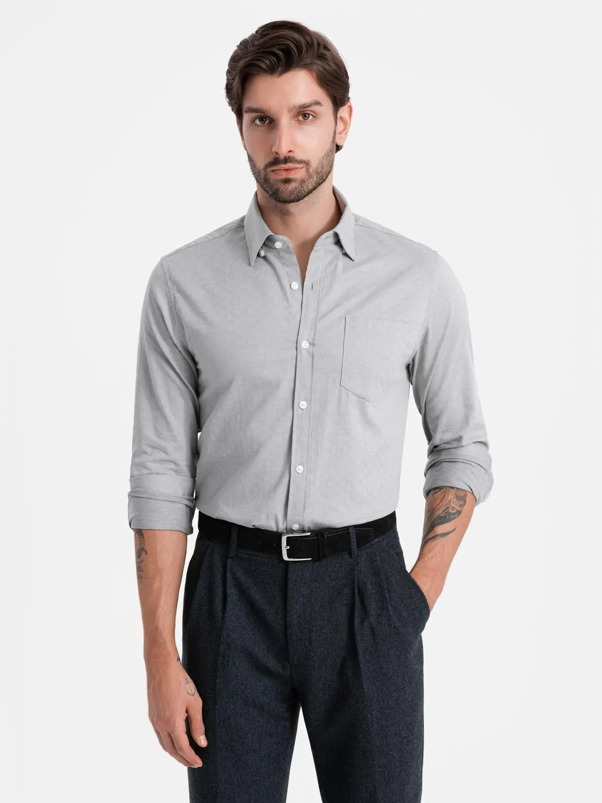 Ombre Men's SLIM FIT shirt in decorative fabric with pocket - grey