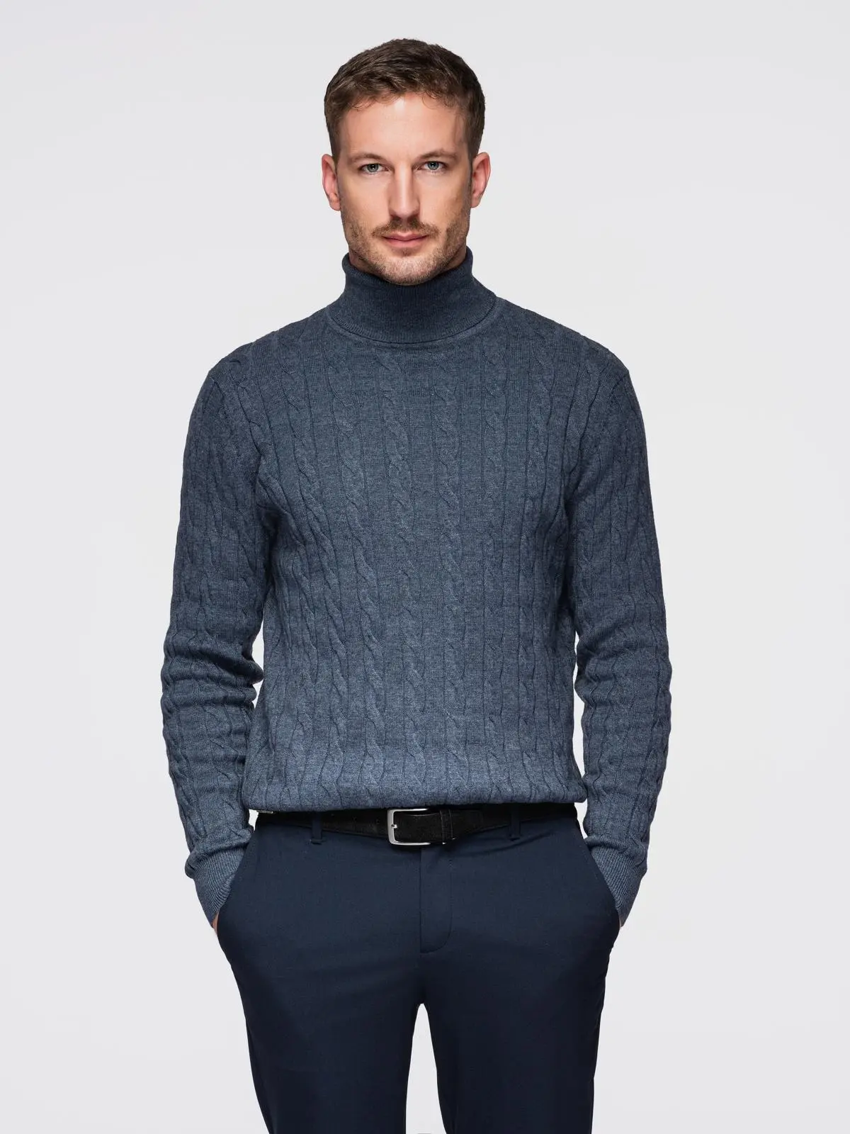 Ombre Men's turtleneck sweater with checkered weave - navy blue