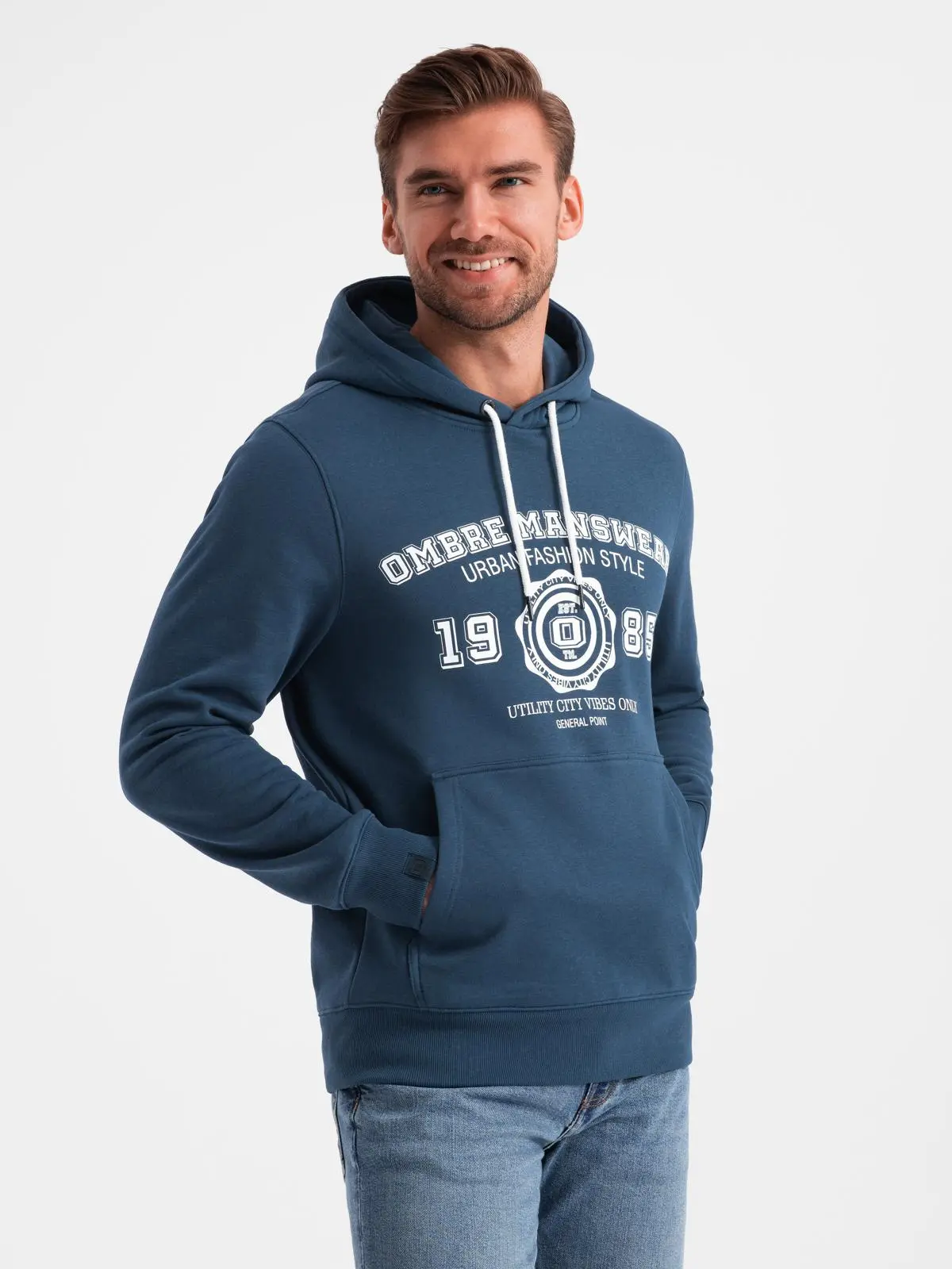 Ombre Men's kangaroo hoodie with college style print - navy blue
