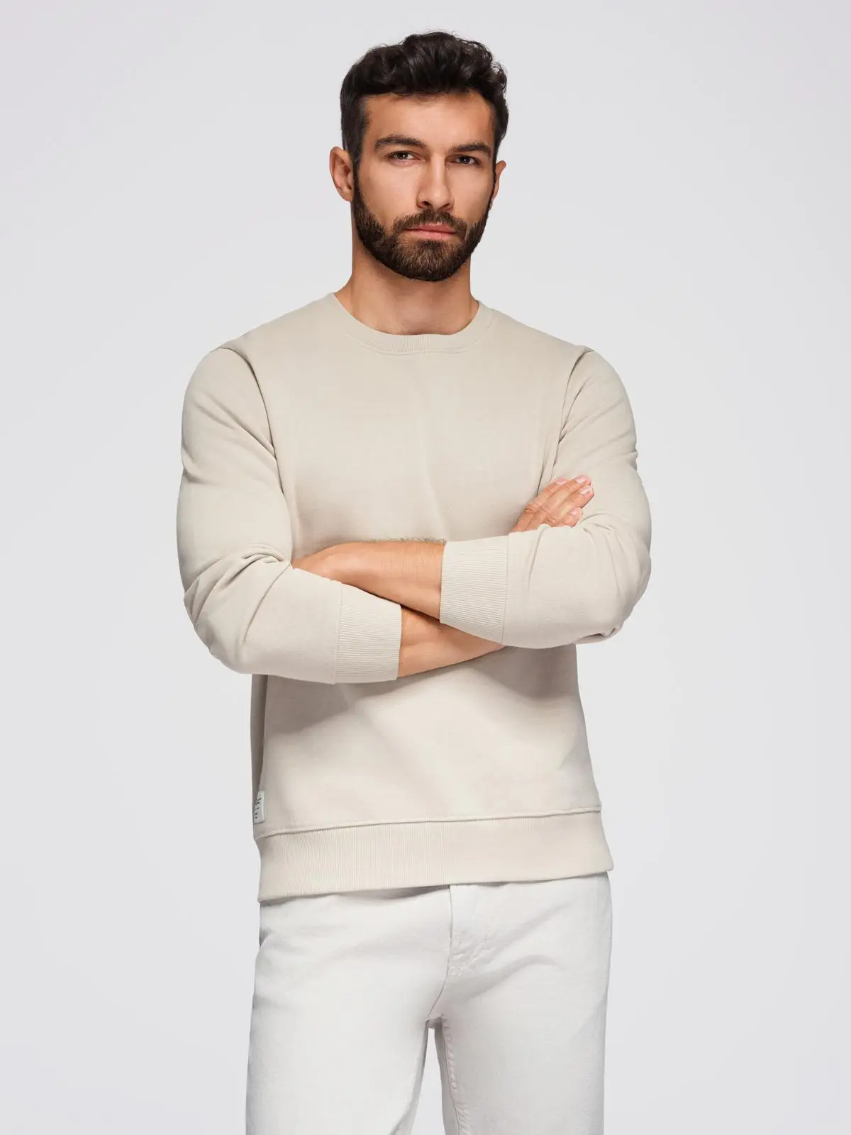 Ombre Men's BASIC sweatshirt with round neckline - light beige