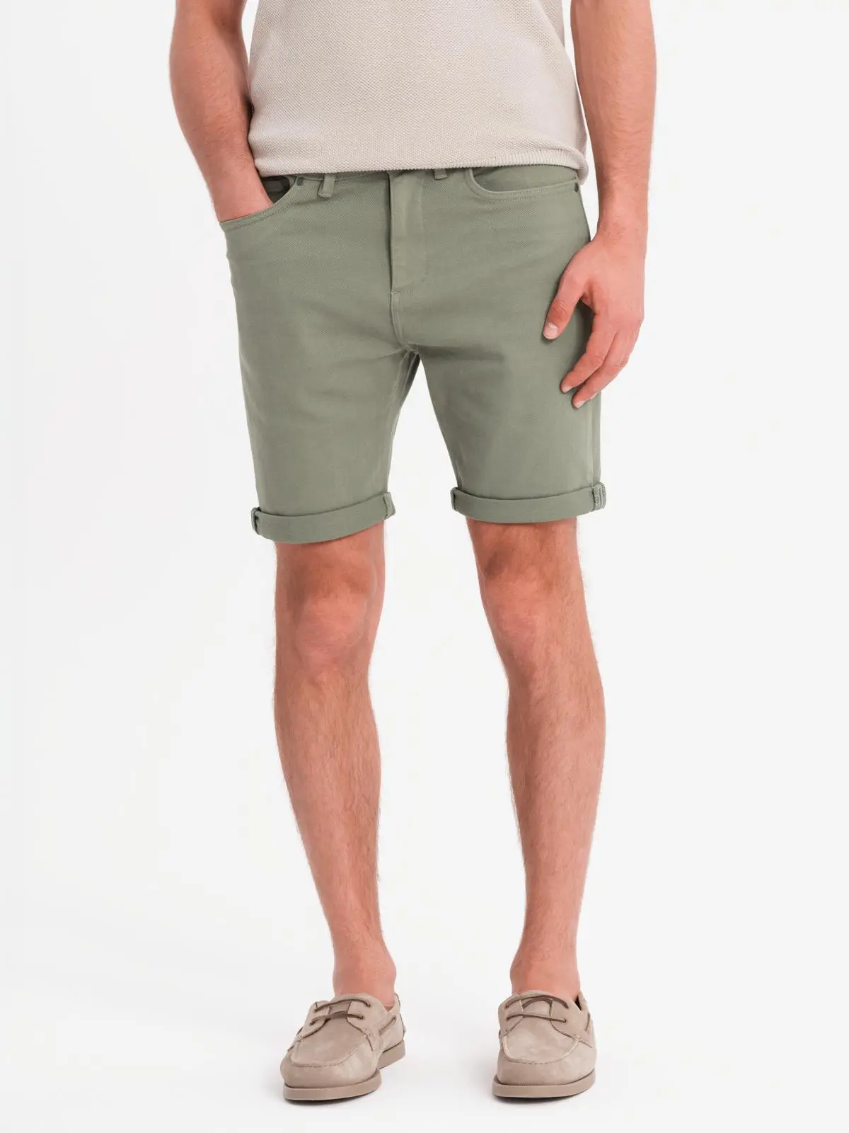 Ombre Men's classic denim shorts with rolled up leg - light olive