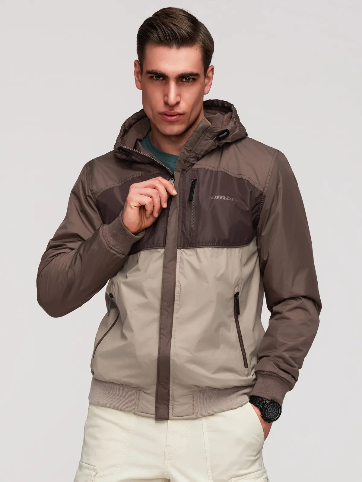 Ombre Lightweight colorful men's sports jacket with fleece - beige and dark brown