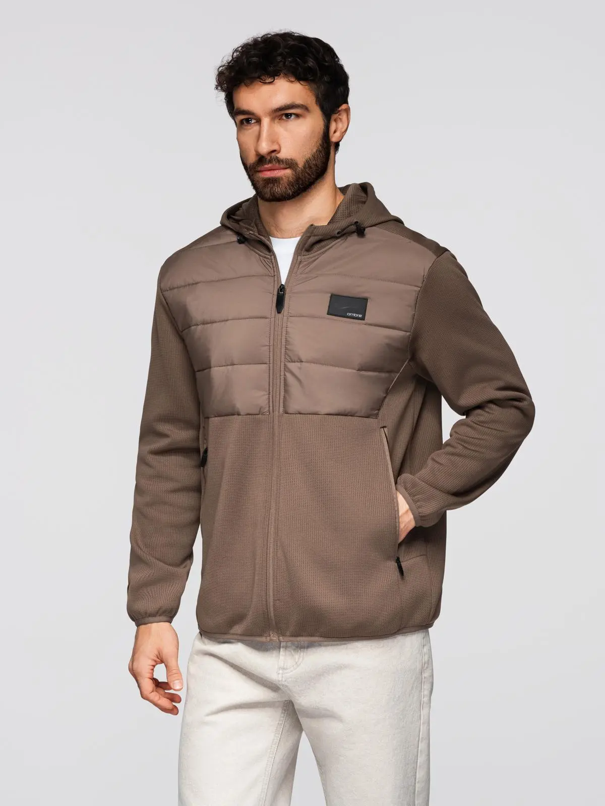 Ombre Men's lightweight jacket of combined materials with hood and decorative quilting - light brown