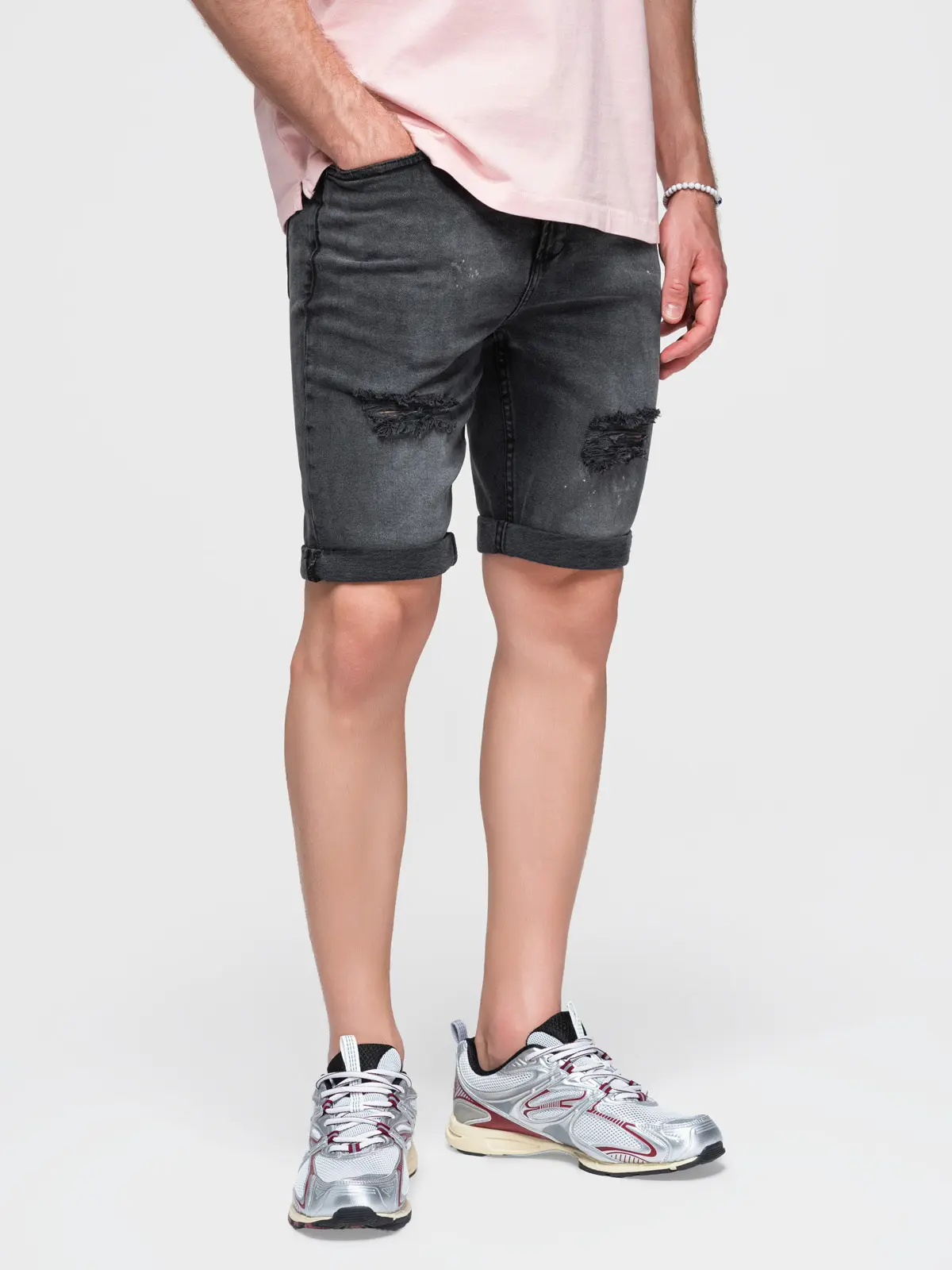 Ombre Men's short denim shorts with rubbing and rolled up leg - gray