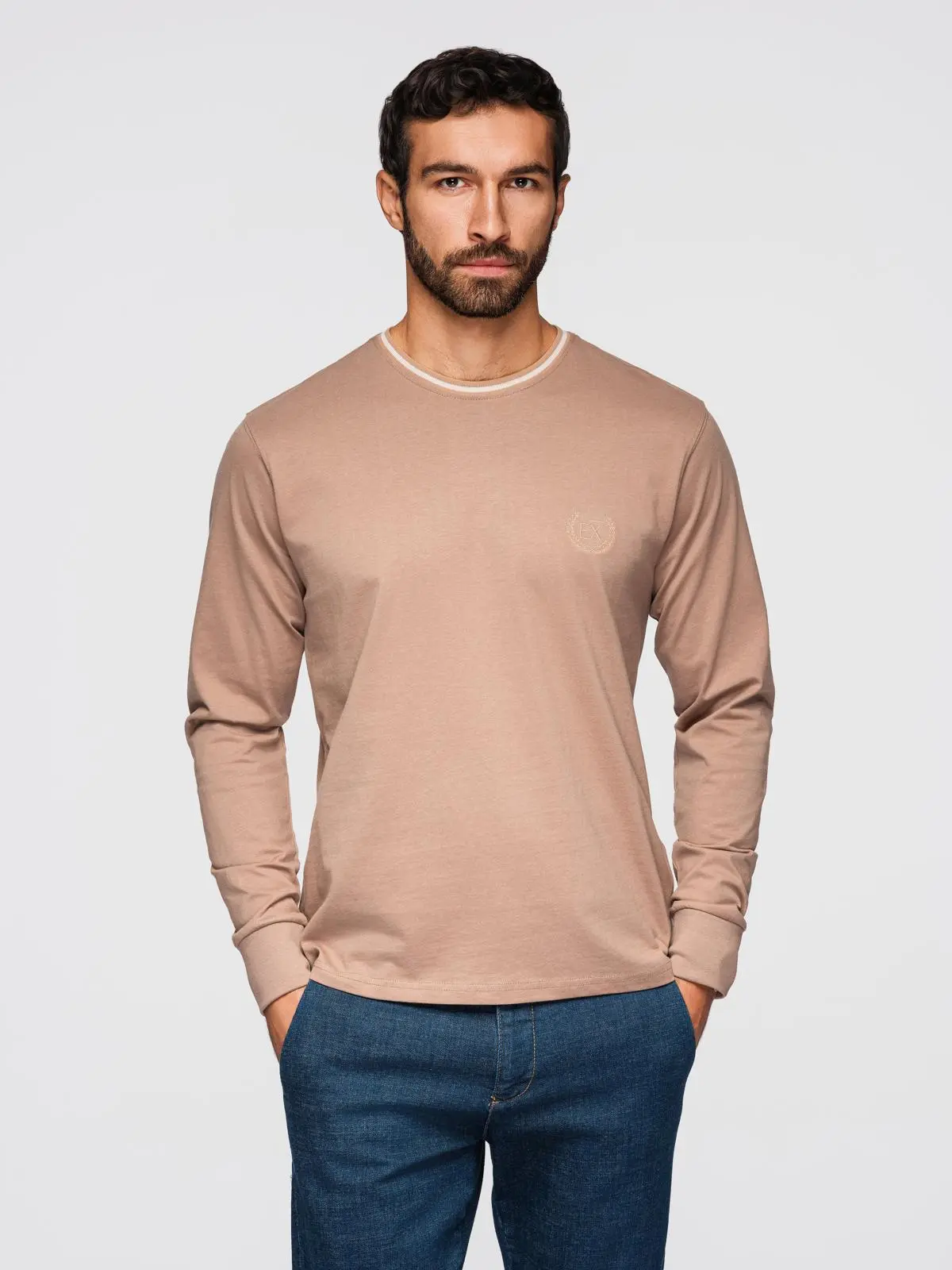 Ombre Men's cotton longsleeve with striped U neckline and embroidery - brown