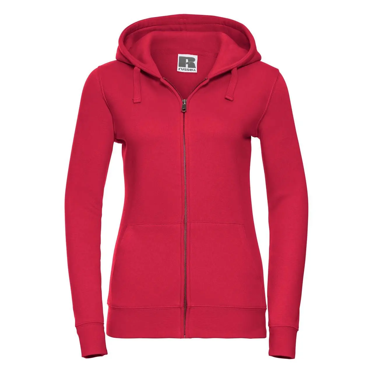 Red women's sweatshirt with hood and zipper Authentic Russell