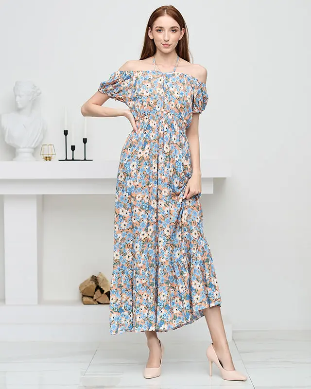 Resti Long orange summer dress for women with blue flowers - Clothing