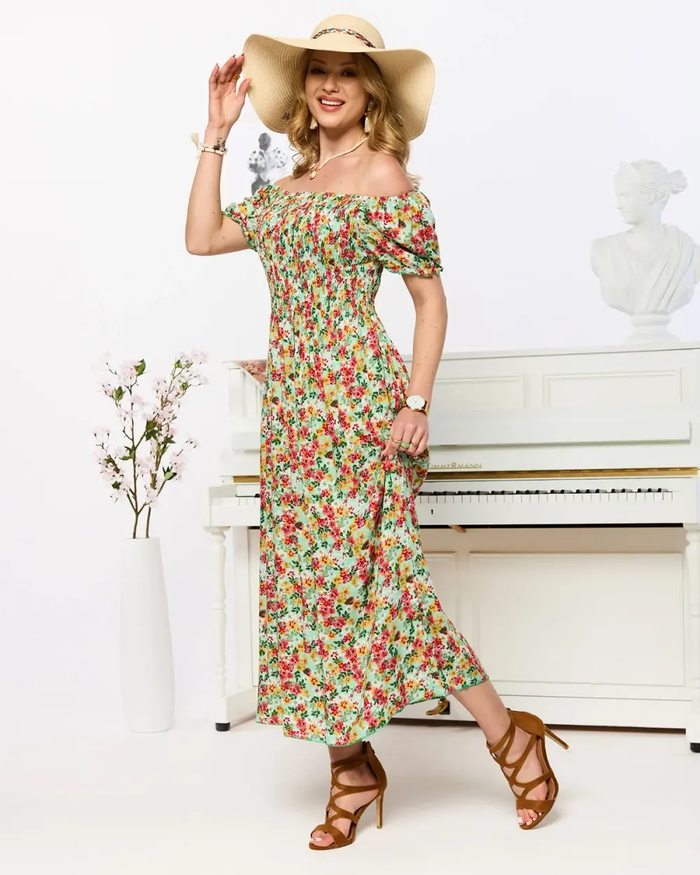 Resti Green women's midi dress with floral pattern- Clothing