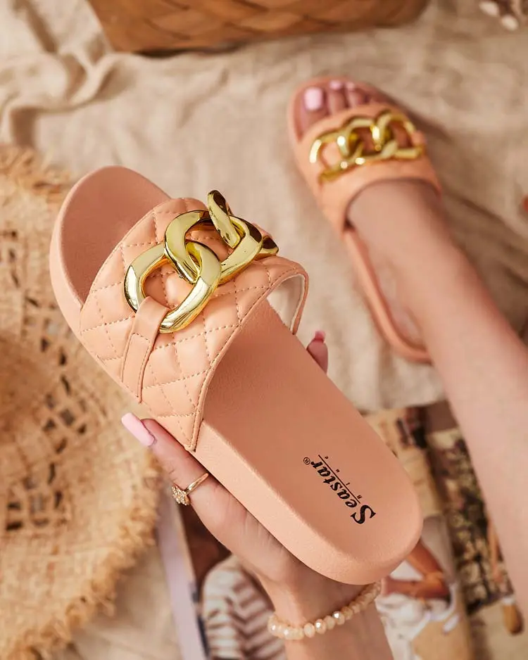 Resti Royalfashion Coral women's quilted flip-flops with gold chain Eteris