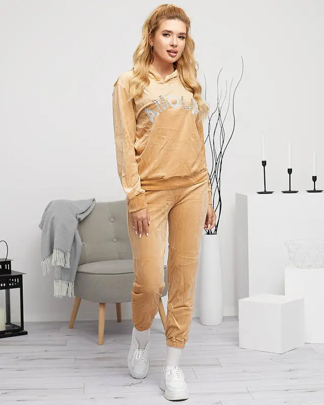 Resti Women's beige sweatshirt set with an inscription and crystals - Clothing