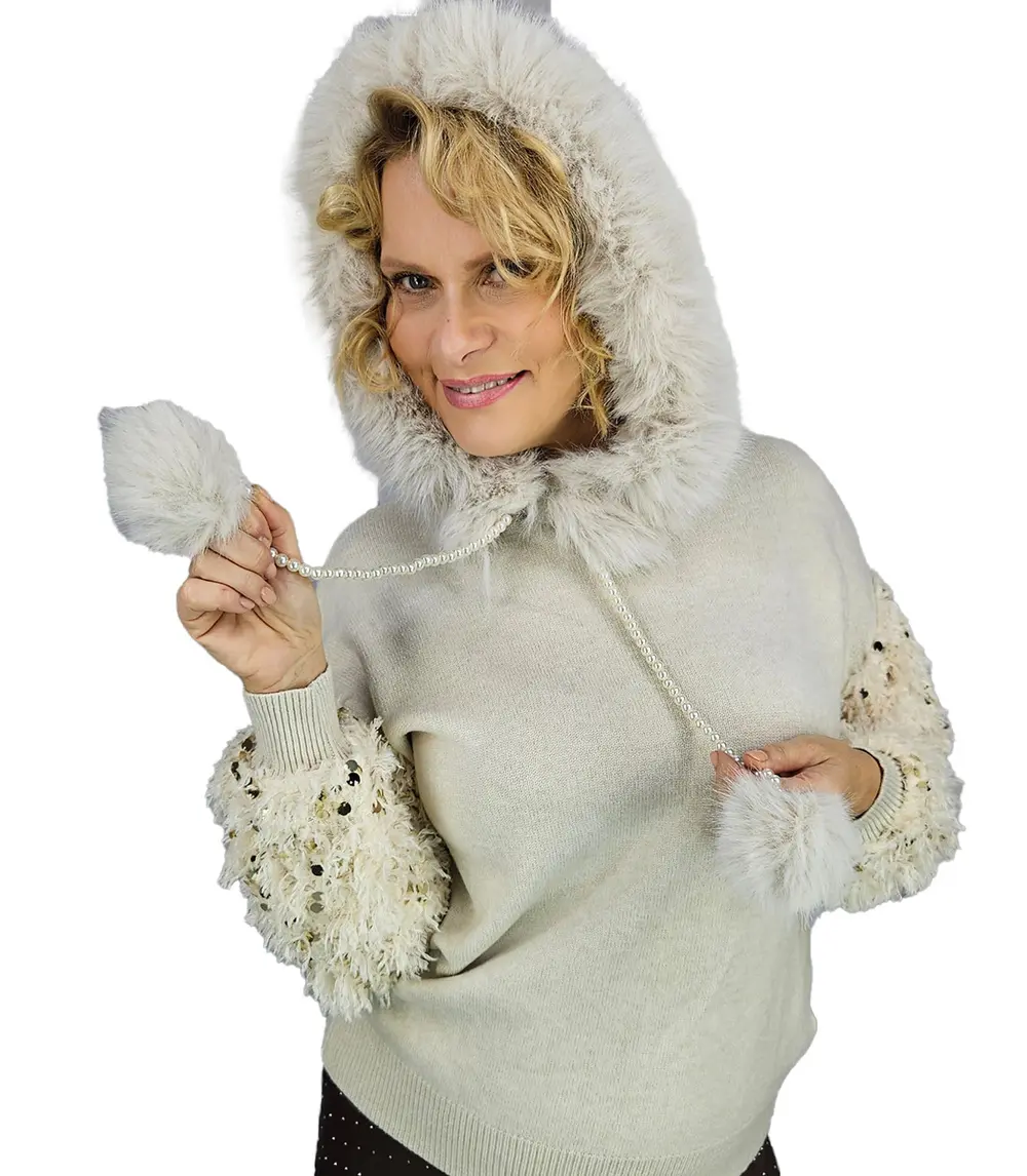 Pri Warm sweater sweatshirt with hood, detachable fur and feathers BOMBAY