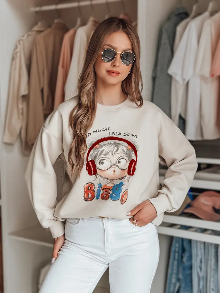 Bluza damska oversize z nadrukiem LALA VIBE beżowa Dstreet