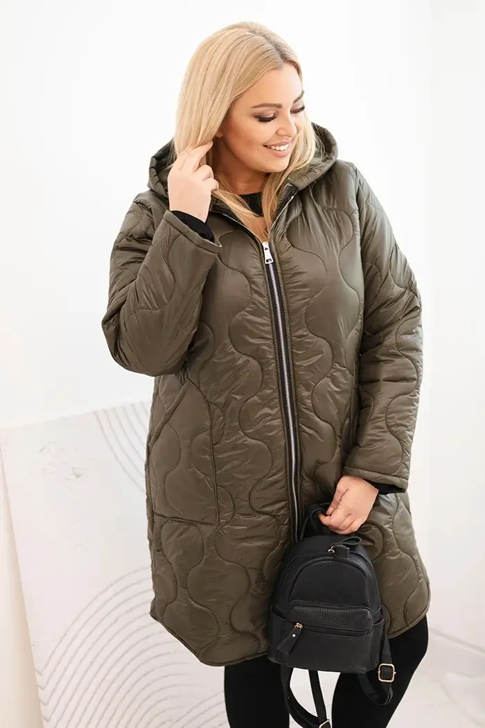 Kesi Włoski Dámská zimní prošívaná bunda Plus Size s kapucí khaki