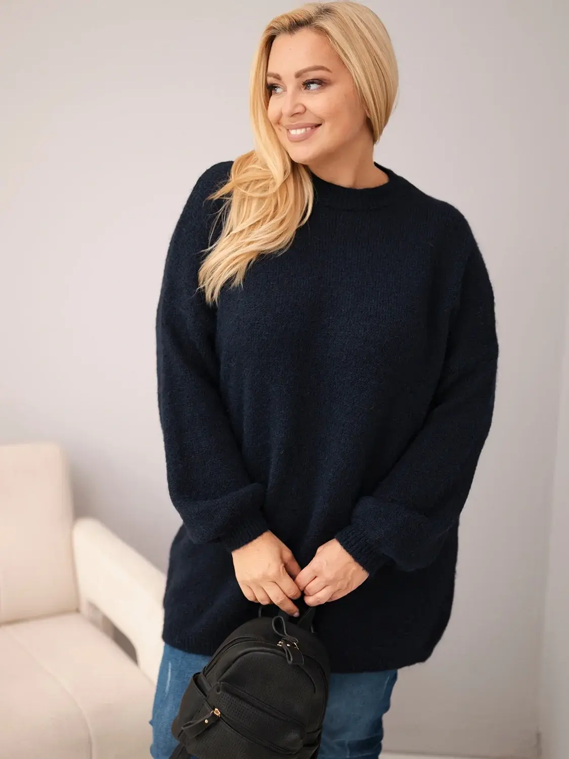 Plus Size svetr s volným střihem modrý
