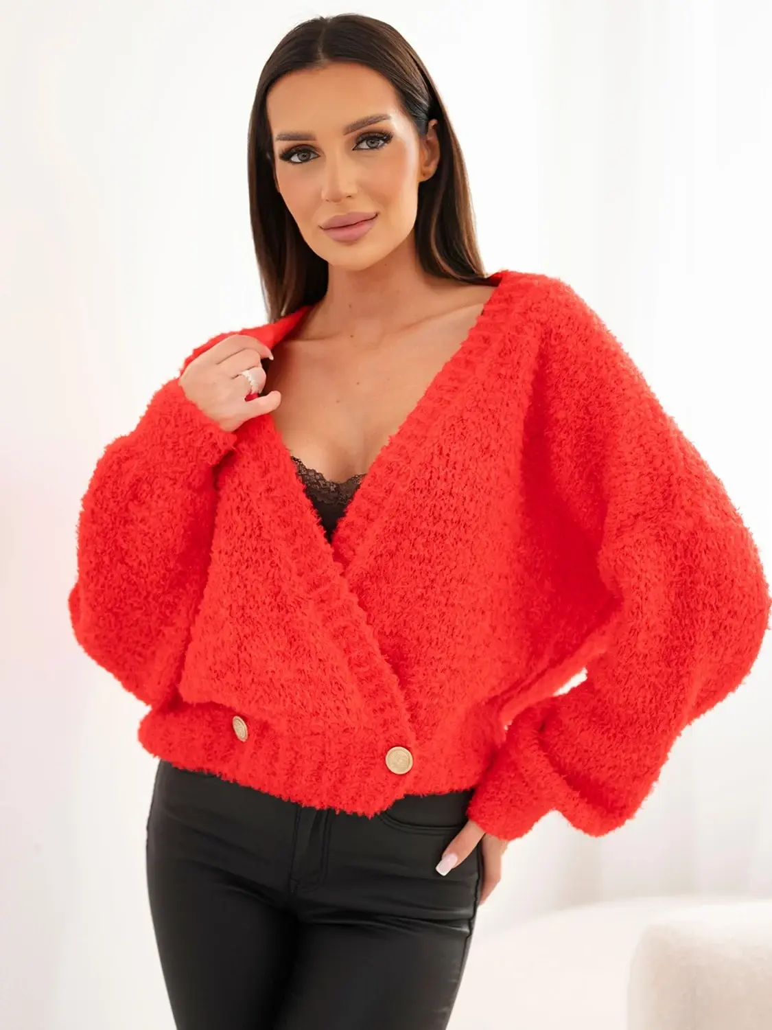 Kesi dámský mohair cardigan s dekorativními knoflíčky červený