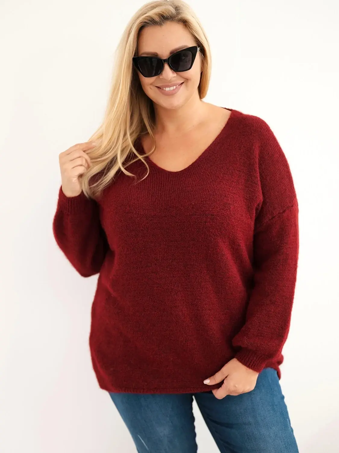 Kesi Włoski Plus Size svetr s vlnou vínový
