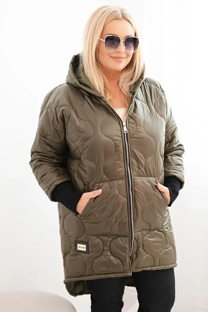 Kesi Włoski Dámská bunda Plus Size prošívaná s kapucí khaki