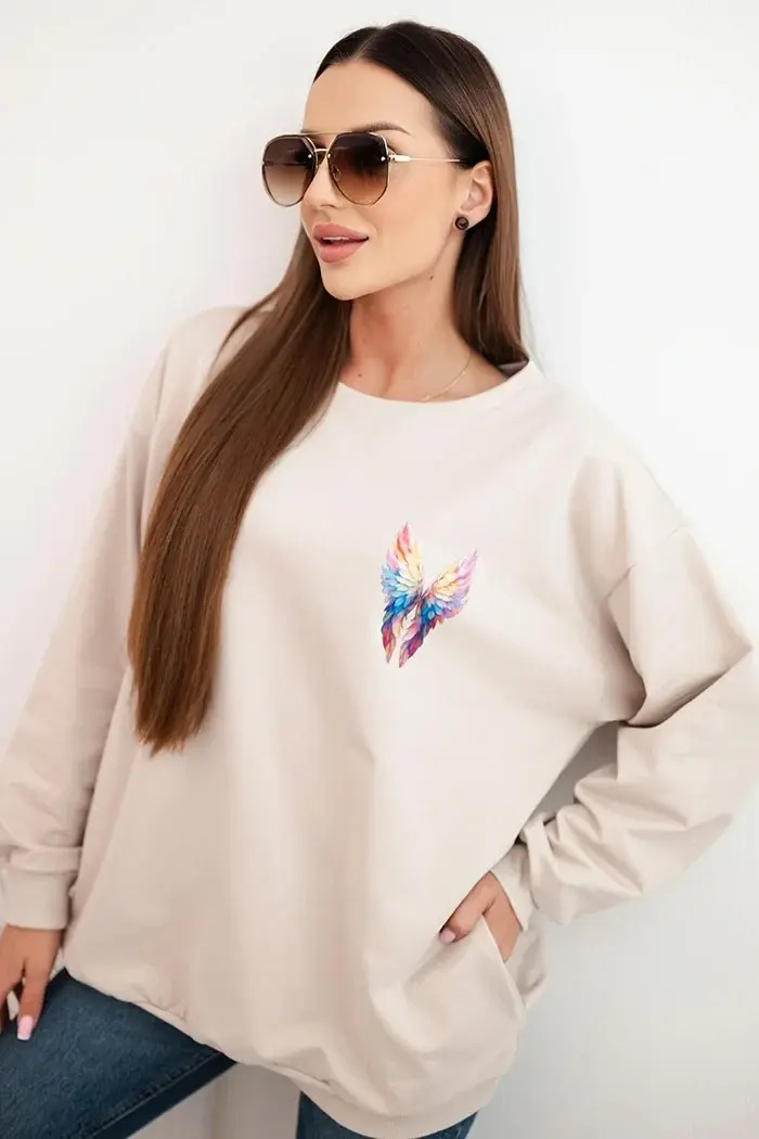 Polski Dámská oversized mikina z bavlny s barevnými křídly na zádech béžová