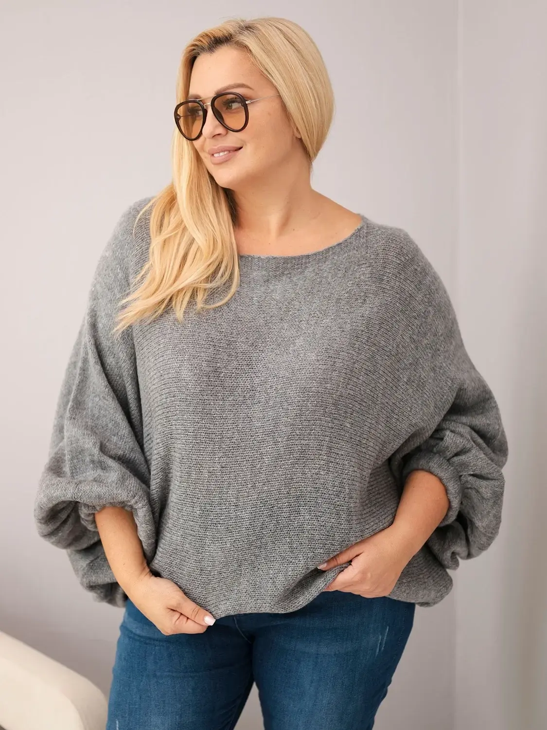 Kesi Plus Size Svetr s vlnou, volný střih, tmavě šedý