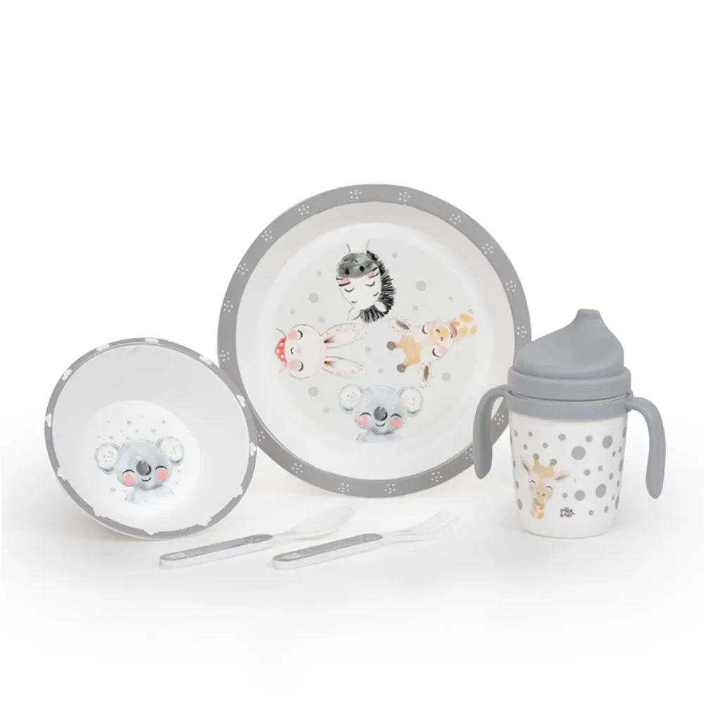 Interbaby Jídelní set ZVÍŘÁTKA +6M - šedý