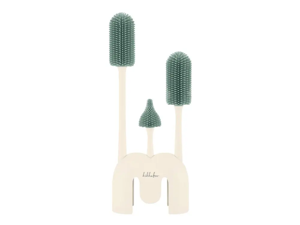 KikkaBoo Kartáče na láhve 3 ks se stojanem Platinum Silicone Sage