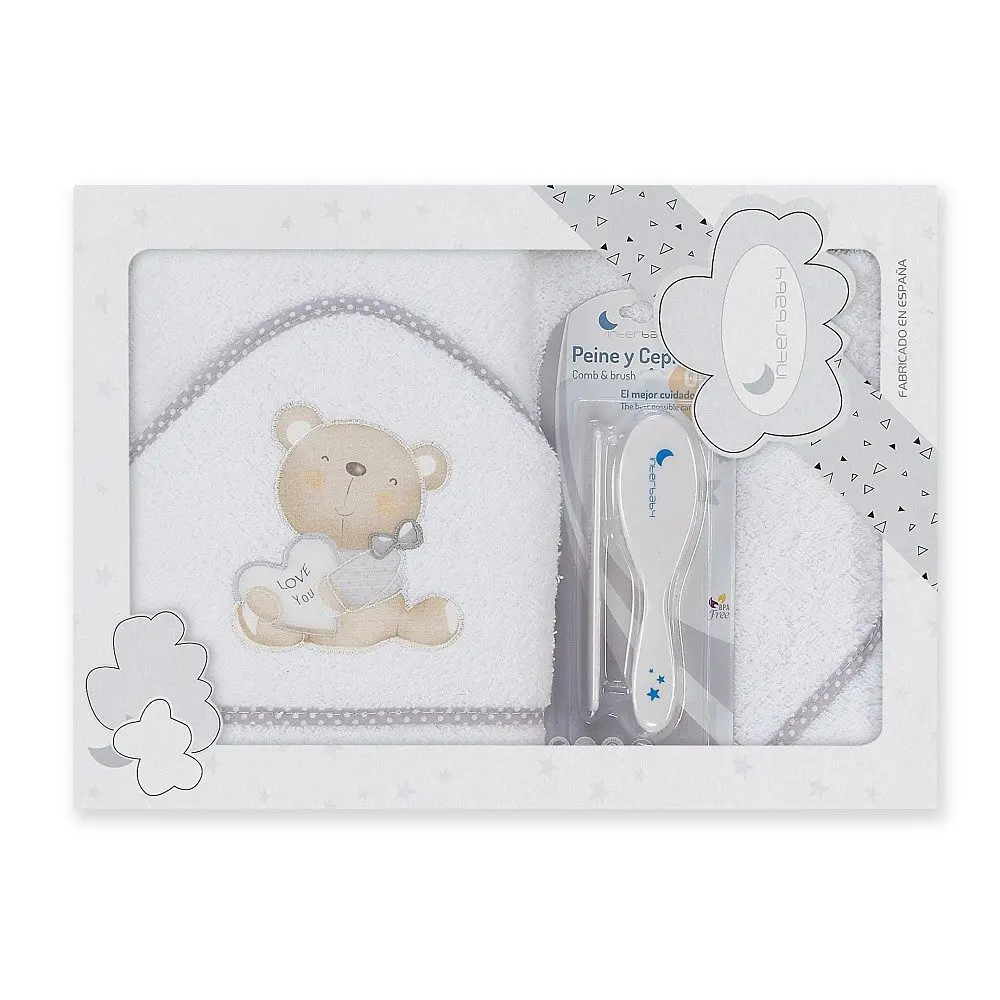 Interbaby OSUŠKA froté MEDVÍDEK LOVE + hřeben - bílo/šedá