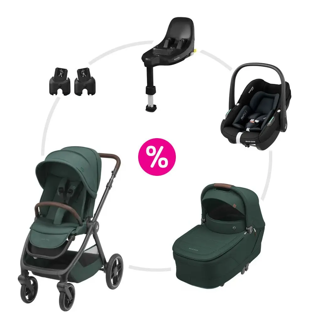 Maxi-Cosi Oxford kočárek + korbička Sense + autosedačka Pebble S + základna + adaptéry - Essential Green/Twillic Green