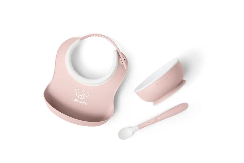 BABYBJORN Babybjorn set na krmení 3 dílný,malý bryndák, miska a lžička, pudrově růžový