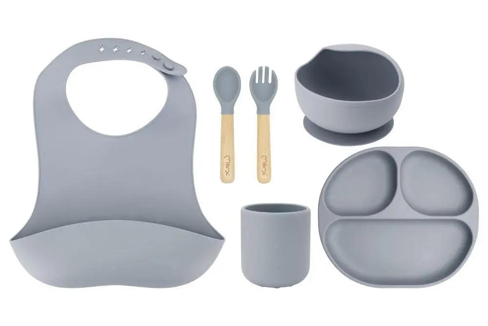 MoMi Dětský silikonový jídelní set MoMi AMI šedý