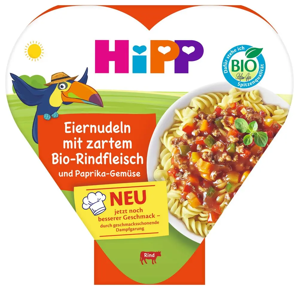 HiPP Vaječné nudle s zeleninou a paprikou a jemným BIO hovězím masem 250 g