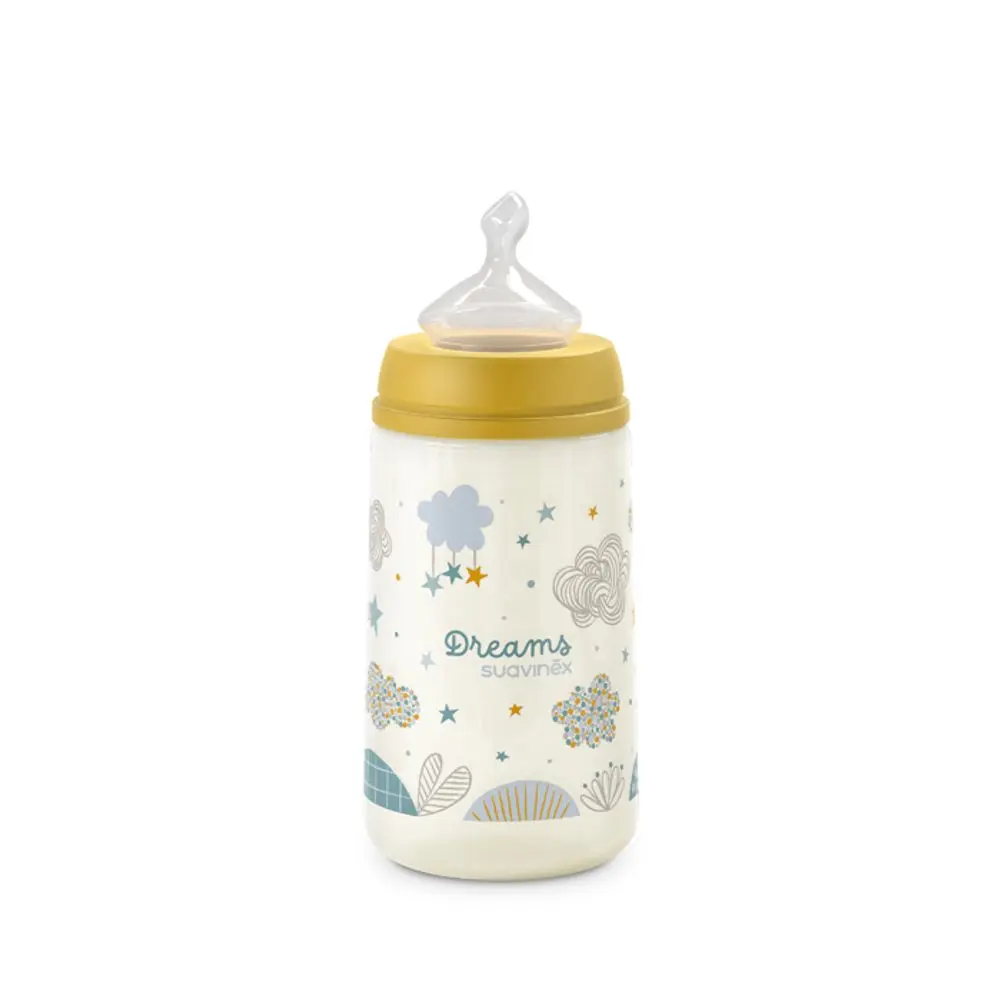 Suavinex Kojenecká láhev Dreams anatomická M silikon 270 ml - KOJENECKÁ LÁHEV 270 ml ANATOMICKÁ DREAMS - žlutá