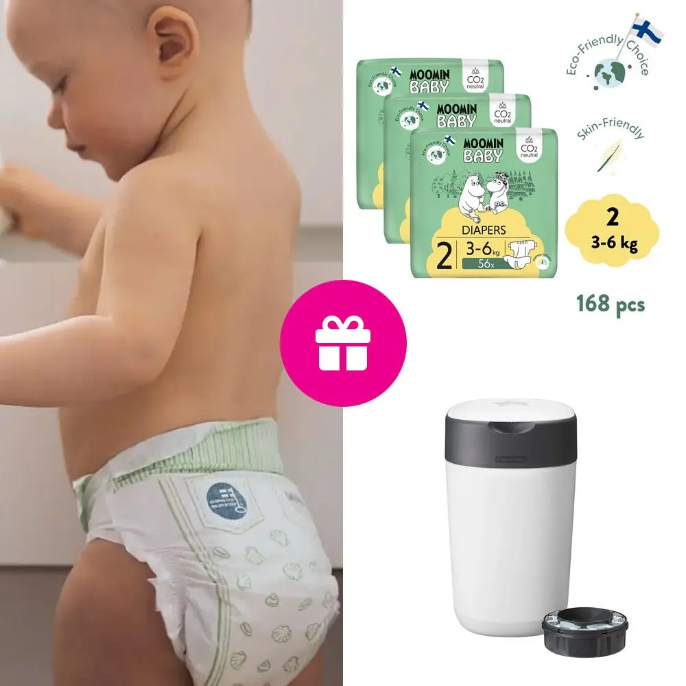 Moomin Baby 2 Newborn 3–6 kg (168 ks), měsíční balení eko plen + koš ZDARMA