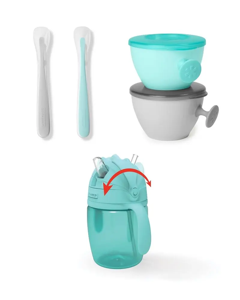Skip Hop Set jídelní s hrnkem 5 ks Easy-Feed Mealtime Set Teal / Grey 6m+