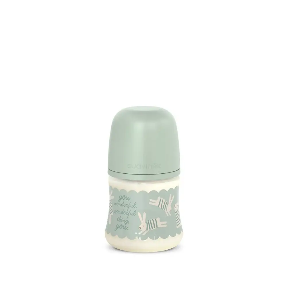 Suavinex Kojenecká láhev WONDERLAND NEW 150ml FYZIOL PRŮTOK S - zelený králík