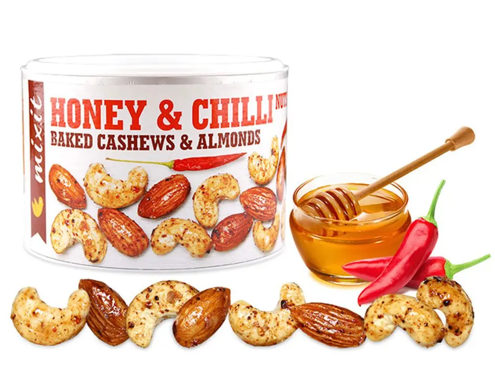 Mixit Směs ořechů s medem a chilli OŘÍŠKY Z PECE dóza 140 g