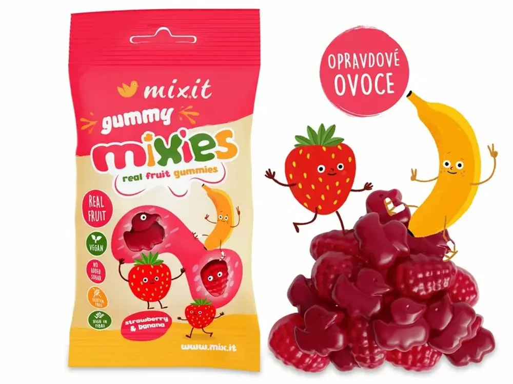 Mixit Ovocné Mixies Jahoda & banán - přírodní želé bonbóny