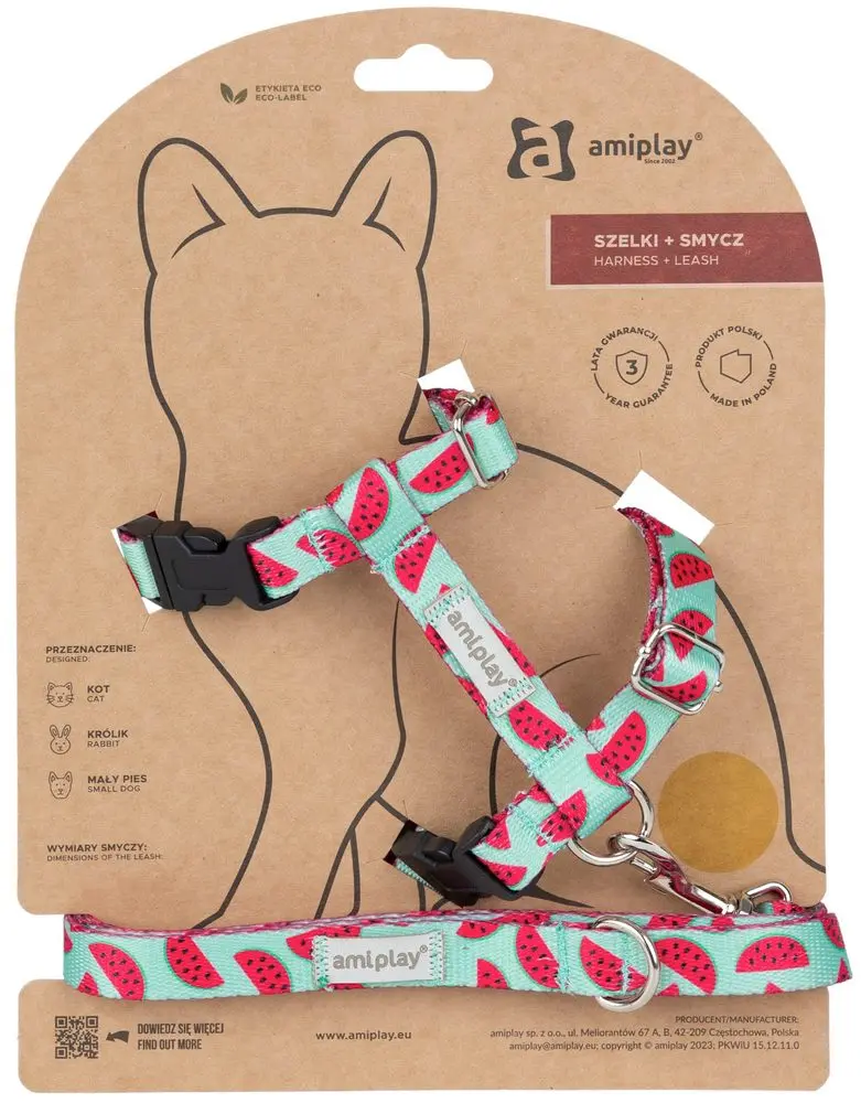 Amiplay Kšíry pro kočku s vodítkem BeHappyCat Watermelon | Postroje pro kočku - M | P58719