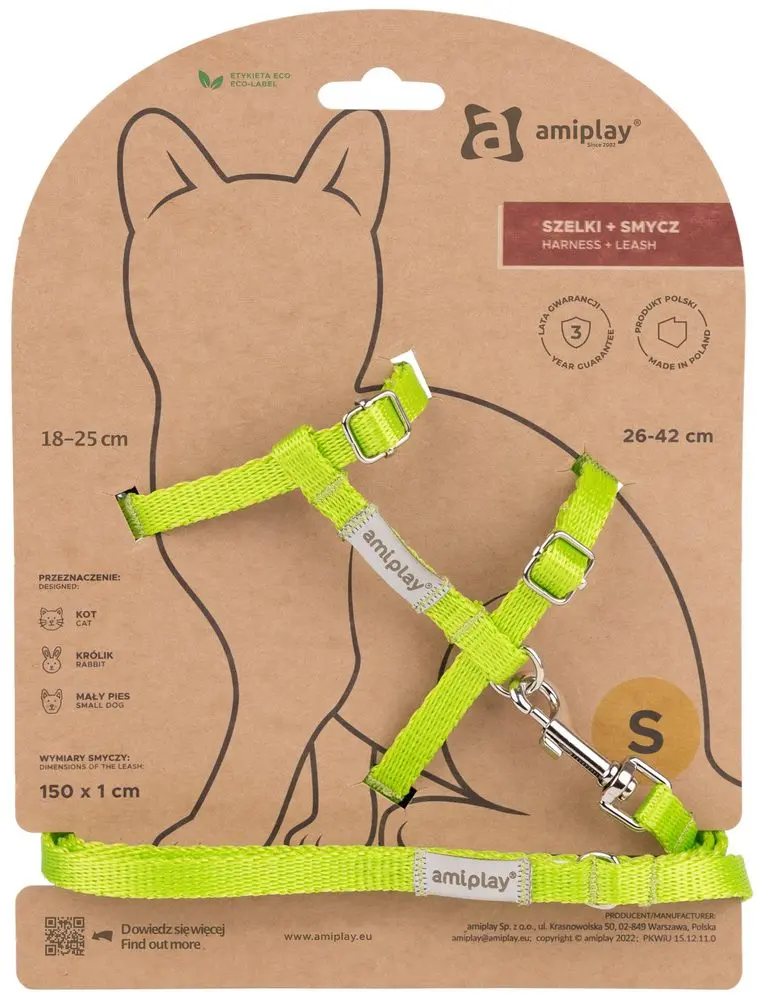Amiplay Kšíry pro kočku s vodítkem Samba Neonově zelené | Postroje pro kočku - M | P58916