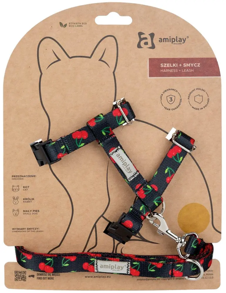 Amiplay Kšíry pro kočku s vodítkem BeHappyCat Cherry - S | P58953