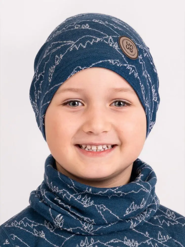 Unuo, Dětská merino čepice Homeless, Kobaltová, Hory kluk - S (45-48 cm) - 1-3 roky