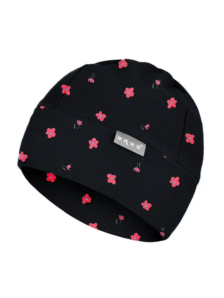 Unuo, Dětská čepice fleecová Sport, Černá, Květiny - L (53-56 cm) - 7+ let