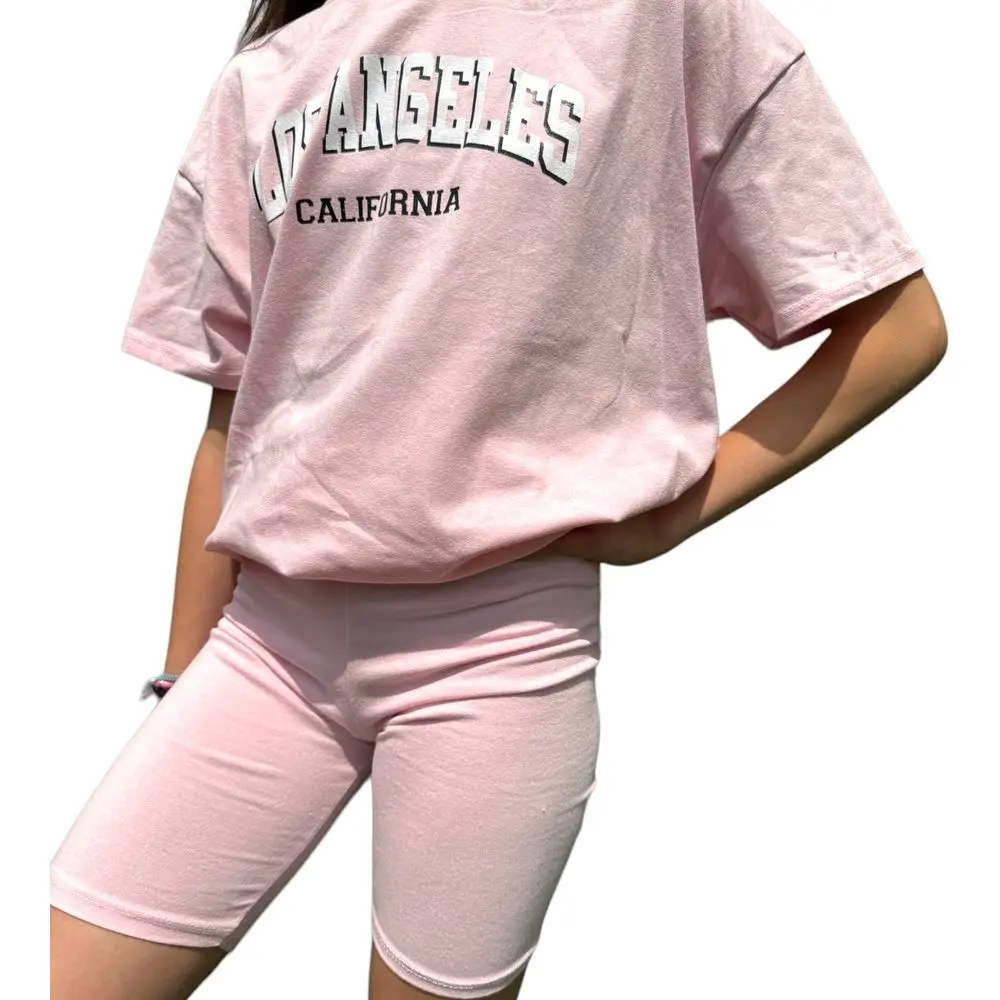 Modadeti Komplet oversize triko LOS ANGELES + kraťasy sv. růžový