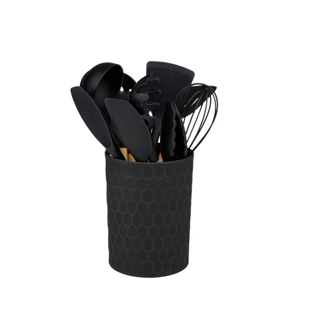 ALPINA Kuchyňské náčiní s bambusovou rukojetí ve stojanu 12 ks 32 cm černá ED-233243