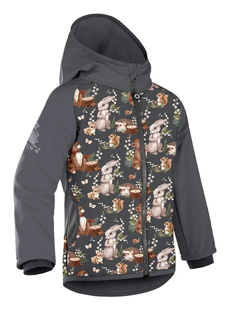Unuo, Dětská softshellová bunda s fleecem, Tm. Šedá, Zajíček