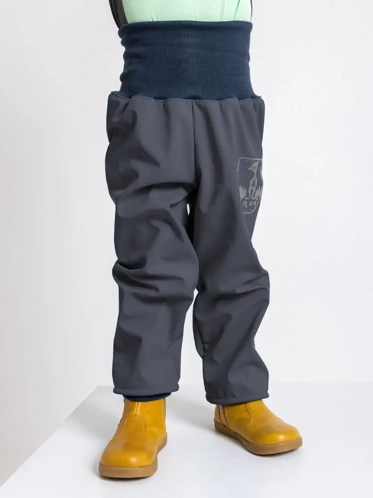 unuo Batolecí softshellové kalhoty s fleecem Antracitové + reflexní obrázek Evžen (Softshell toodler trousers) -